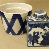 blå kinesisk tea caddy dåse gammel genbrug porcelæn